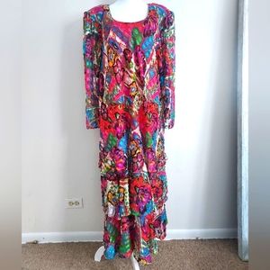 Pretty Vintage 80s Lida Caputo Tiered Midi Dress 3X Red Sheer Chiffon Ruffles